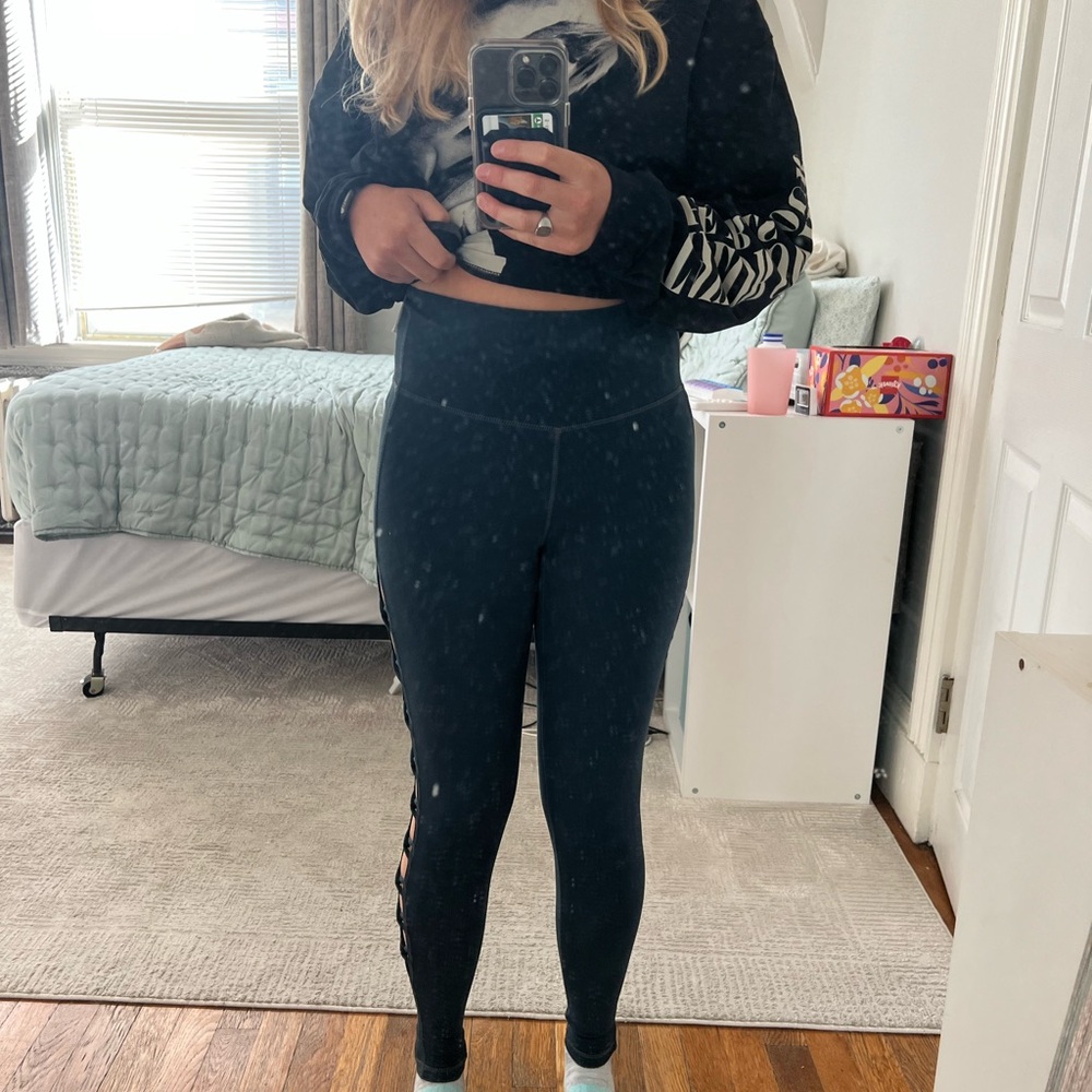 Athleta leggings dark green with leg cut outs